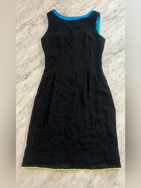 Classic Black Sleeveless Shift Dress with Blue Trim